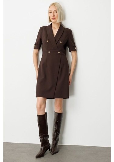 Ekol Kadın Kruvaze Yaka Süs Düğmeli Elbise 4017 Kahverengi Kahverengi
