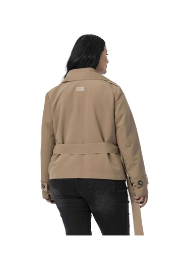 Büyük Beden Mono Yaka Kemerli Astarlı Kısa Vizon Trençkot Vizon