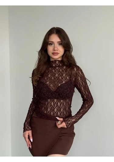 Kadın Yarım Balıkçı Yaka Full Esnek Dantel Bürümcük Spor Şık Tasarım Gece Bluzu Kahverengi