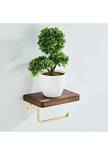 Novahub Retro Ahşap Raflı Tuvalet Kağıdı Tutucu Fırçalanmış Altın Duvara Montajlı Diğer