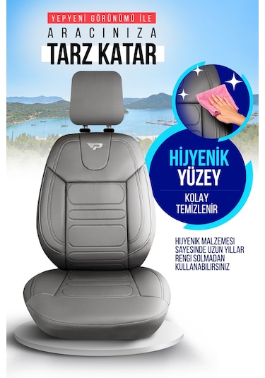 Gri - Gri Panda Rodos Serisi Deri Ortopedik Oto Koltuk Kılıfı - Tam Set