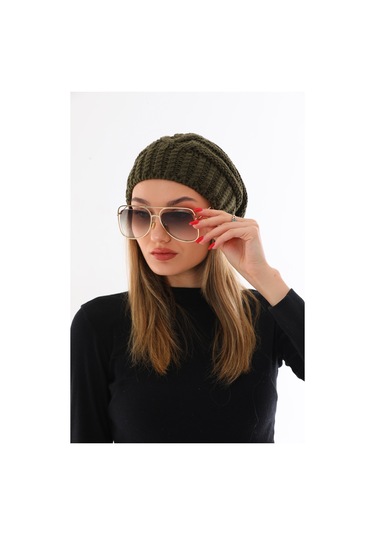 Kadın Kalın Haki Örgü Ponponlu Bere Haki