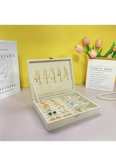 Elmpaly Beige Vintage Kumaş Mücevher Kutusu Yumuşak Kadife Astarlı Kilitlenebilir