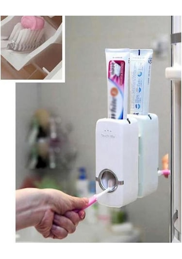 Diş Macunu Sıkma Makinesi Fırça Tutucu Macun Sıkacağı 5li Fırçalı Beyaz