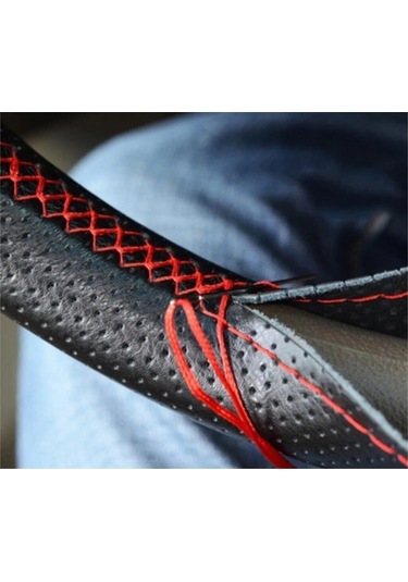 Direksiyon Kılıfı Deri Dikişli Yumuşak Kokusuz Dikmeli Noktalı - Kırmızı