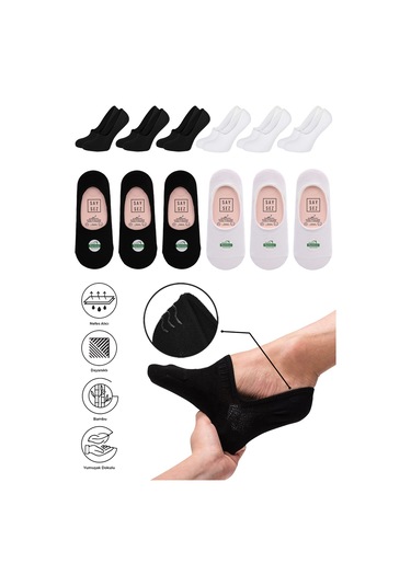 Saysez Bambu  Babet Asorti Dikişsiz Kaydırmaz Silikon Kadın Çorap  6'Lı Siyah - Beyaz