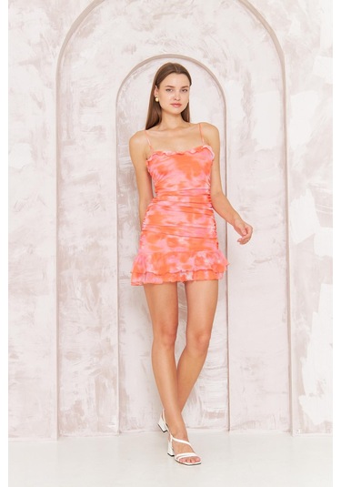 Darlin Moda Kadın Kırmızı Desenli Tül Askılı Mini Elbise Dm1046 Kırmızı