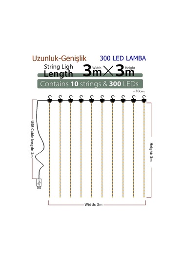 8 Fonksiyonlu Peri Perde Led Uzaktan Kumandalı Günışığı Perde Peri Led 3 Mt X 3 Mt Sarı