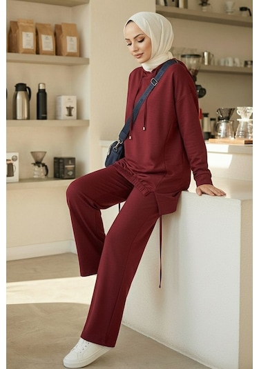 Bestenur Kapüşonlu Tunik Pantolon Takım 1682 - Bordo Bordo