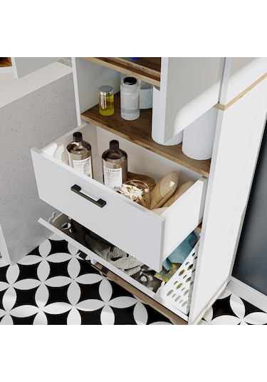 Çamaşır Sepetli Banyo Dolabı, Çok Amaçlı Dolap 60 X 200, Roomart Atlantik Çam - Beyaz