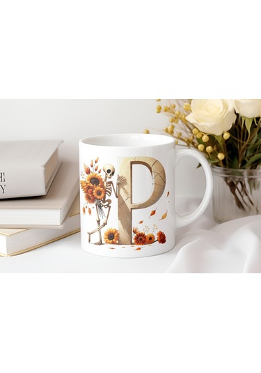 P Harfi Pembe Kareli Kalpli Göz Emojili Kupa Bardak Eğlenceli Kareli Tasarım Kahve Çay Kupası Beyaz