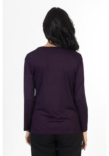 Yeni Model Taş İşlemeli Yuvarlak Yaka Likralı Anne Penye Bluz 6435-mürdüm