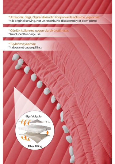 Evlen Home Ponponlu Çift Kişilik %100 Pamuk Yatak Örtüsü Pike Takımı Kırmızı