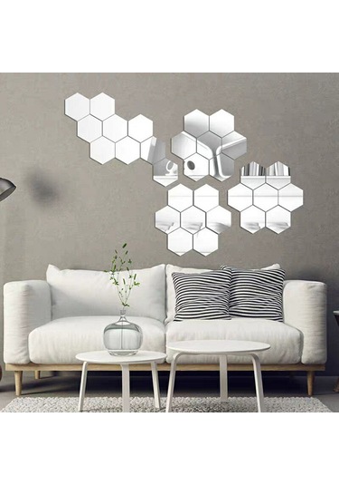 Yaleker Gümüş Renkli Plastik Hexagon Gölge Duvar Sticker Seti - 18.4x16x9.2cm Ve 12.6x11x6.3cm Seçenekleri Gümüş