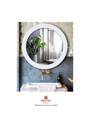 Zümrüt Beyaz Dekoratif Ayna Yuvarlak Işlemeli Duvar Aynası 69 Cm Beyaz