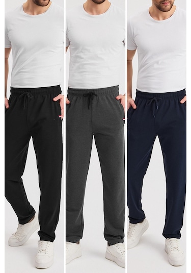 Siyah-lacivert-antrasit Erkek Fermuarlı Cepli Nakış Detaylı Düz Paça Rahat Kesim Günlük 3'lü Eşofman Altı Çok Renkli