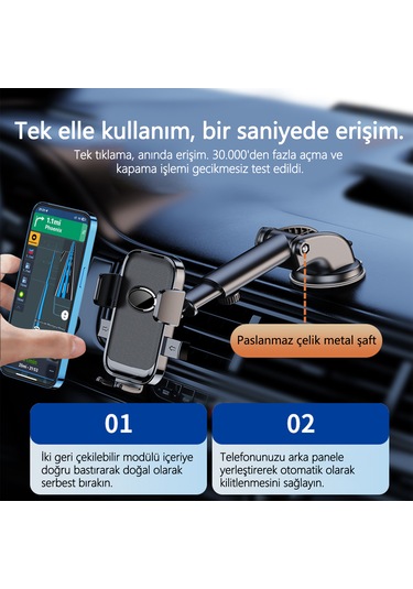 Klasik Emici Askılı Araç Telefon Tutucusu 25cm Uzayan 60x Nano Emiş 360 Dönebilen 5.8-9cm Genişlik 15.5x7.3x11.3cm