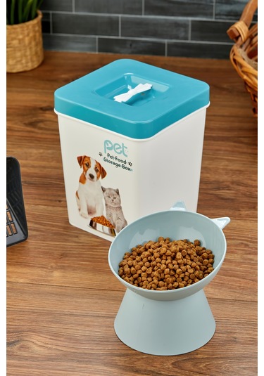 Evcil Hayvan Kedi Ve Köpek Mama Saklama Kabı & Mama Kabı Seti Kürek Hediyeli 3'lü Set - Mavi