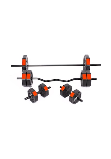 Tan Spor 50 KG Dambıl Halter Ağırlık Full Kısa + Düz + Z Bar Set Kırmızı Kapaklı