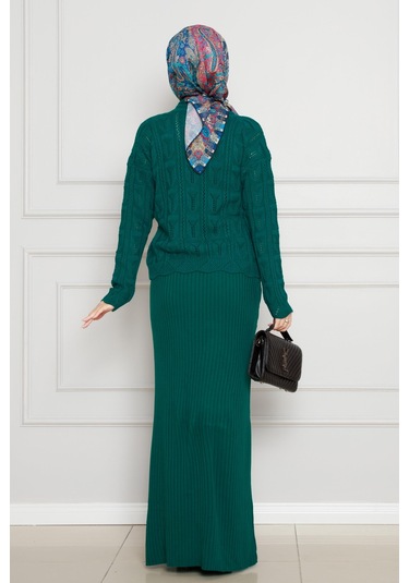 Dantel İşlemeli Jileli Triko Takım-zümrüt Yeşili-4437 Zümrüt Yeşili