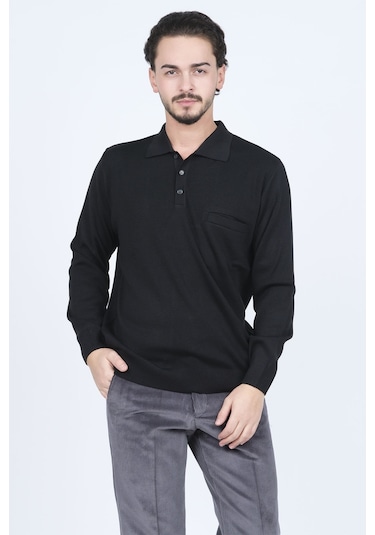 Ateş Triko Erkek Polo Yaka Cep Detaylı Yün Kazak 6091023 Siyah