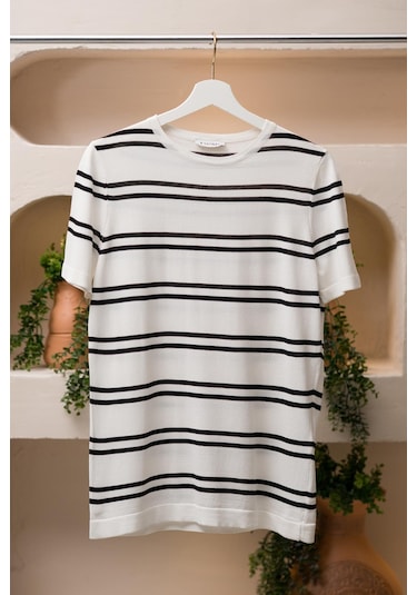 San&fa Bisiklet Yaka Çizgili Rayon Kumaş Slimfit T-shirt Beyaz