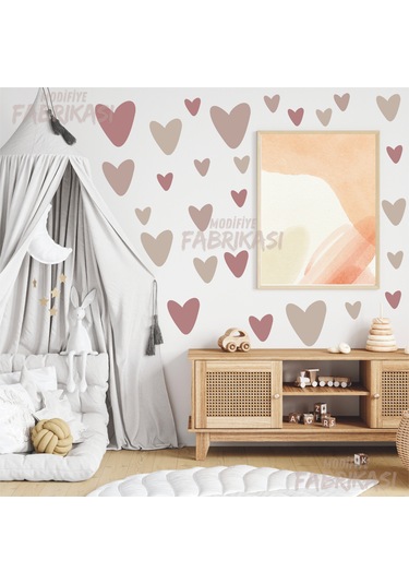 Boho Asimetrik Kalpler Çocuk Odası Duvar Sticker Seti - Uv Baskı Pembe