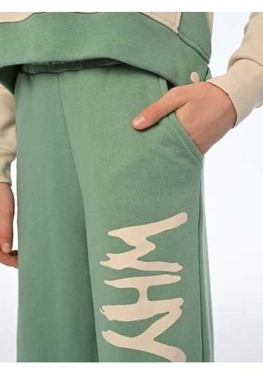 Kız Çocuk Why Yazılı Yanlardan Çıt Çıtlı Bol Paça Eşofman Takım-13538 Yeşil