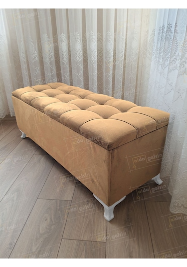 Çizgi Kapitoneli Sandıklı Puf 100 Cm Beyaz Ayak Vizon