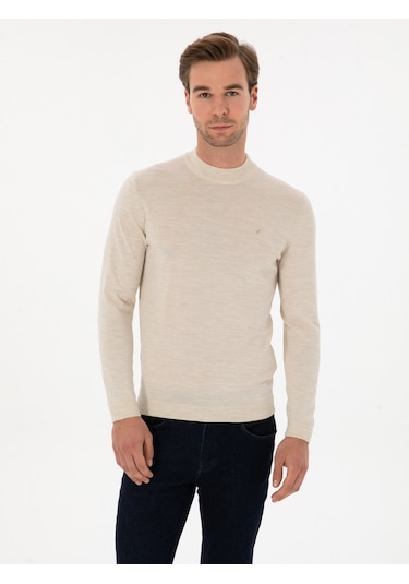 Cacharel Bej Slim Fit Yün Karışımlı Çeyrek Balıkçı Basic Triko Kazak