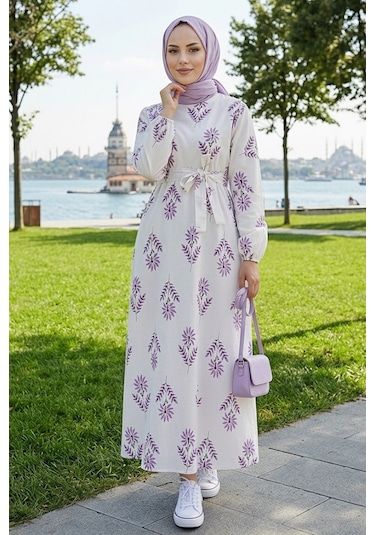 Bestenur Mayra Desenli Keten Elbise 1717 - Lila