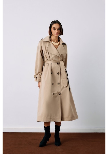 Sateen Kuşaklı Uzun Trenç - Bej-135231 Bej