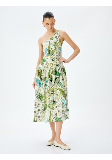 Koton Midi Boy Astarlı Viskon Çiçekli Tek Omuz Elbise Yeşil Desenli 5sak80056uw Yeşil Desenli