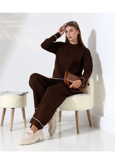 Kontrast Dikişli Kadın Triko Takım Kahverengi