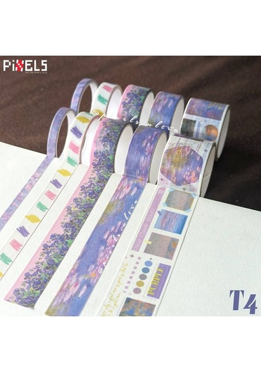 Vintage Washi Tape Bant Baskılı Yapışkanlı Maskeleme Kağıdı 45e Desenli Bant 10'lu - Mor Göl 1