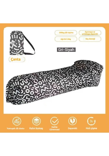 Snapbuy Desenli Şişme Koltuk, Baş Destekli Tek Kişilik Hava Yatağı, Kamp Ve Açık Hava Etkinlikleri İçin Taşınabilir Gri - Siyah