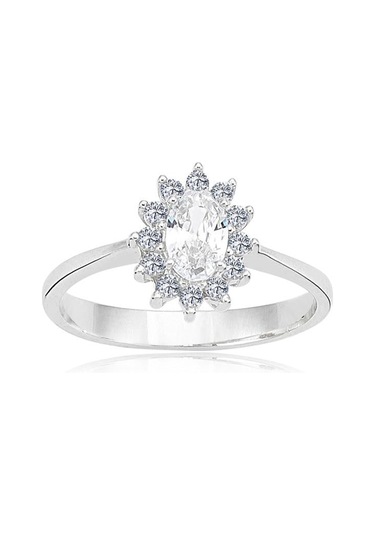 Gümüş Yüzük - 1.10 Karat Oval 0.24 Karat Swarovski Taşlı Anturajlı 925 Ayar Gümüş Hediyelik Yüzük Beyaz