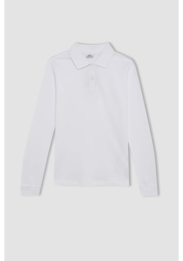 Defacto Kız Çocuk Polo Yaka Basic Düz Pike Uzun Kollu Tişört J0010a625auwt34 Beyaz