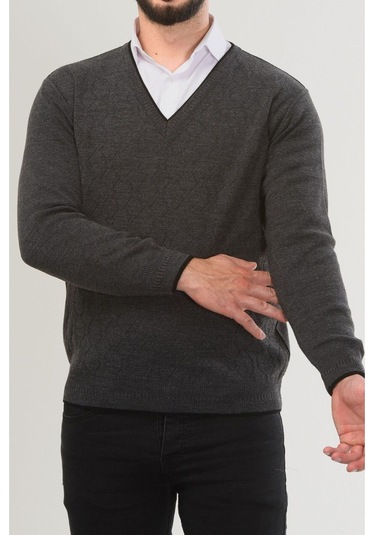 Kamalı Gri Erkek V Yaka Triko Uzun Kol Standart Fit Tüylenmeyen Triko Kışlık Örgü Kazak Gri