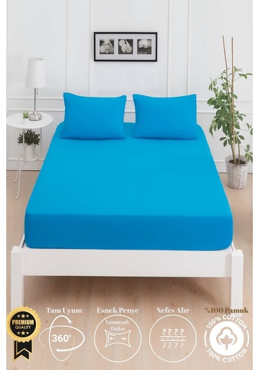 Mirava Premium %100 Pamuk Penye Lastikli Tek Kişilik Çarşaf Takımı 1 Yastık Kılıfı Dahil Turkuaz 100x200cm Turkuaz