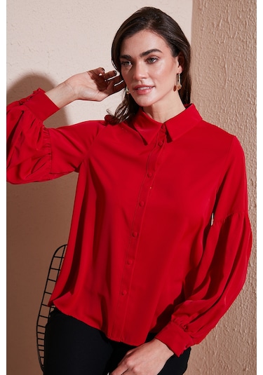 Lela Regular Fit Dikiş Detaylı Düz Yaka Balon Kol Bayan Gömlek 611Go00003 Kırmızı