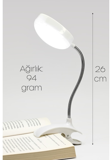 Kitap Okuma Lambası Kıskaçlı Bükülebilir 5 Led Midi Çalışma Işığı Pilli Spiral Gövde My005 Beyaz