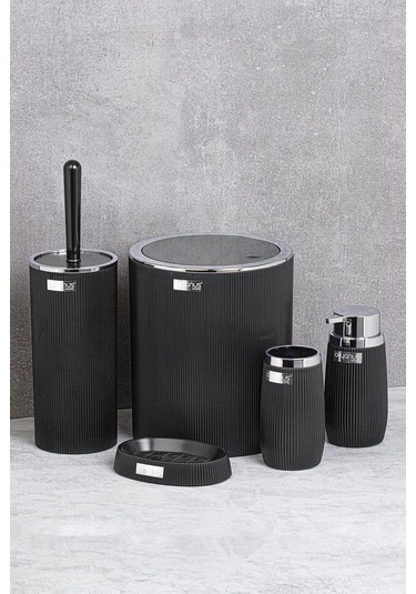 Okyanus Home Siyah Kromlu Çizgili Yuvarlak 5'Li Banyo Seti Siyah