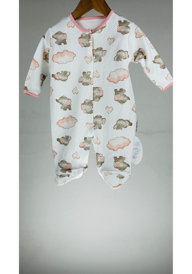 Sevimli Fil Patikli Çıtçıtlı %100 Pamuklu Kız Bebek Tulum 001