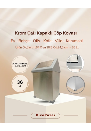 Krom Sallanır Çatı Kapaklı Çöp Kovası 36 Lt Krom
