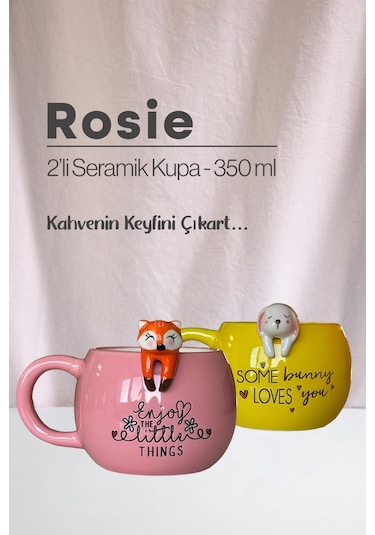 Tilki Ve Tavşan Figürlü Seramik Kupa 350 Ml Beyaz