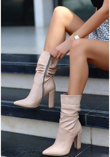 Erita Ten Rugan Desenli Topuklu Çizme Ten