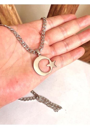Ay Yıldız Türk Bayrağı Paslanmaz Çelik Kalın Zincirli Kolye 65cm Silver