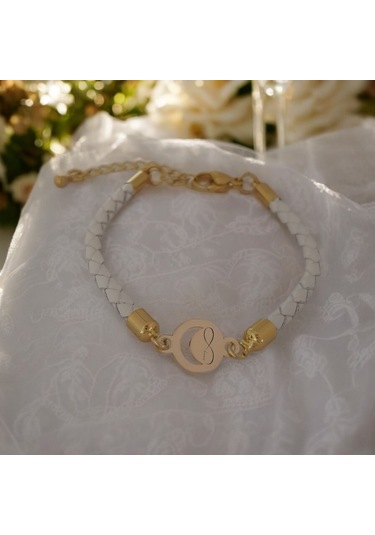 Archin Sonsuz Aşk Temalı 14 Ayar Altın Plakalı Doğal Beyaz Derili Ay Motifli Hediye Bileklik-477sembol Sonsuz Aşk