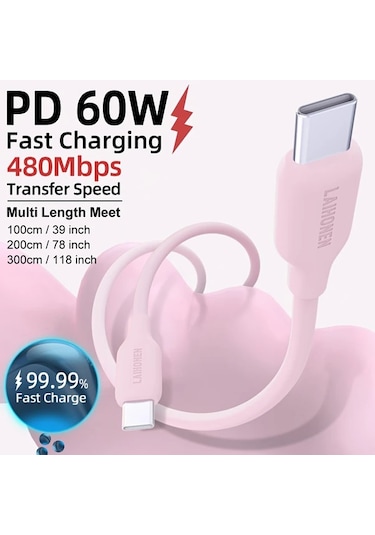 Willowhaven Beyaz 10ft 60w Usb C Kablosu Yumuşak Silikon Hızlı Şarj Macbook Uyumlu Samsung
